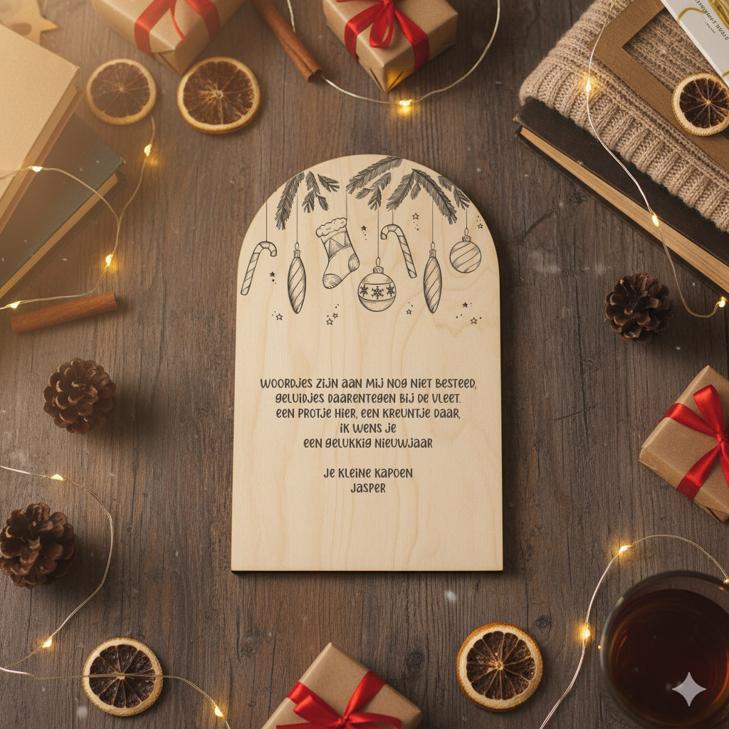 Houten nieuwjaarsbrief - halfrond