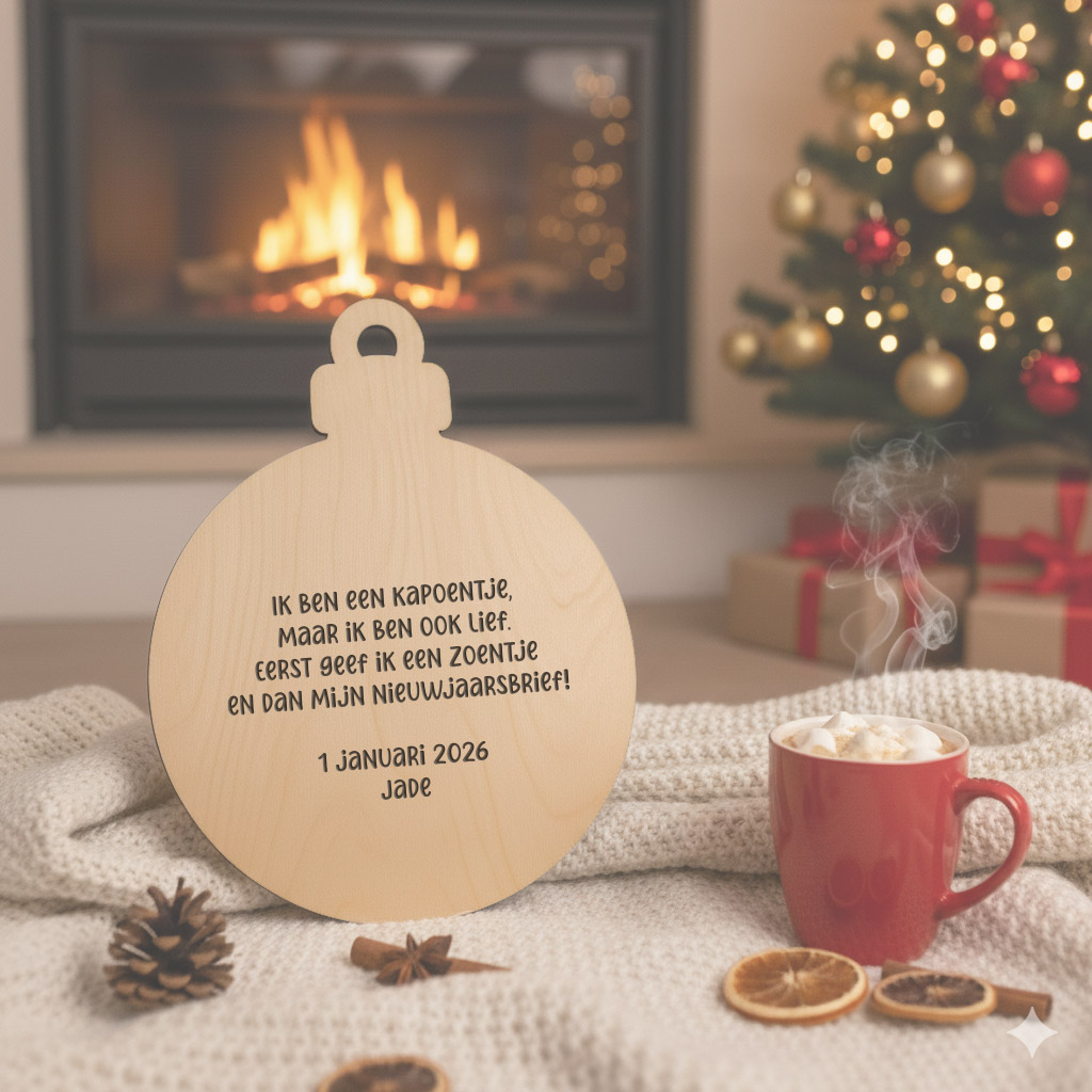 Houten nieuwjaarsbrief - kerstbal