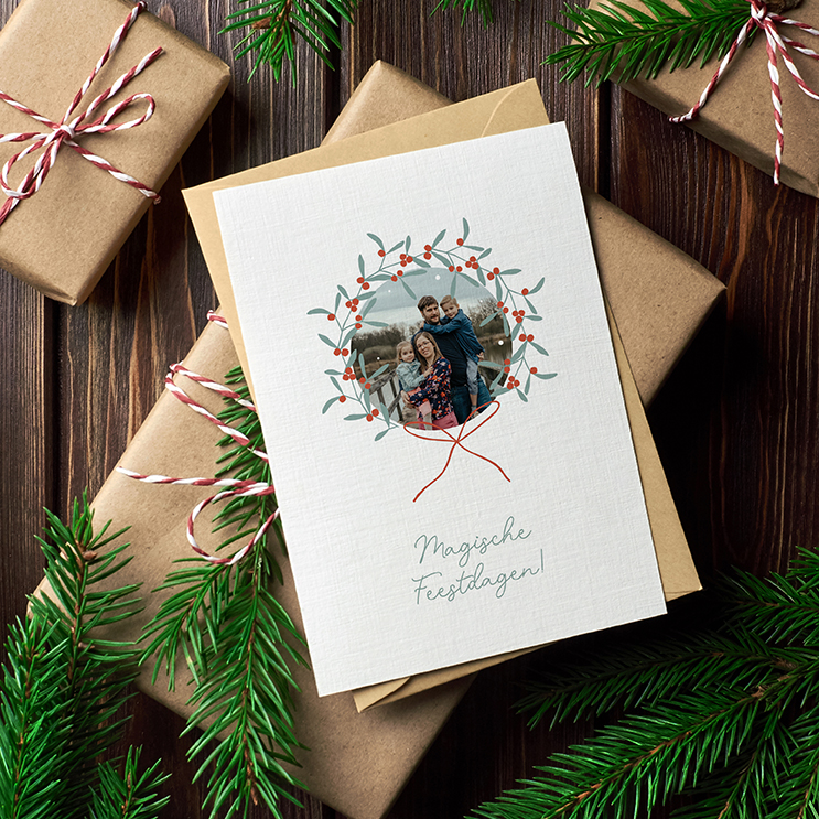 Kerstkaart met foto - krans (pakket van 5st)