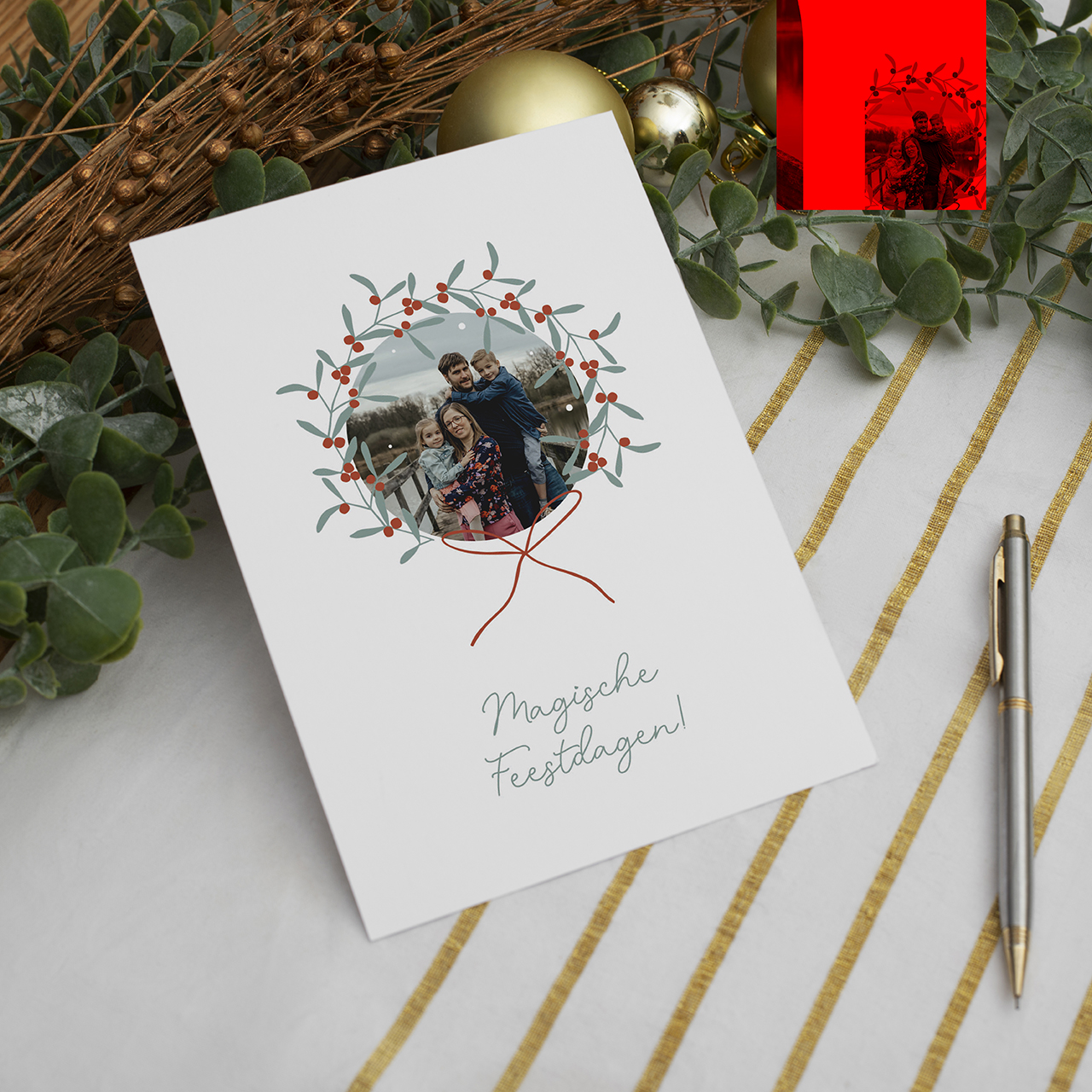 Kerstkaart met foto - krans (pakket van 5st) - Afbeelding 2